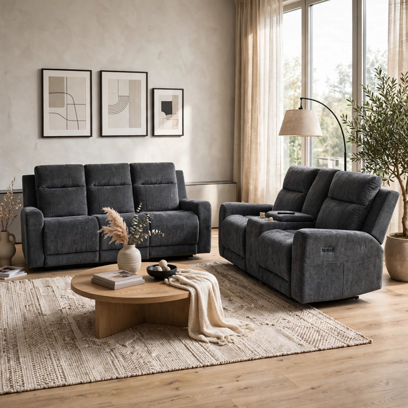 Kenie 2pc Power Reclining Sofa Set w USB and Console, Ivory Chenille, Gris foncé