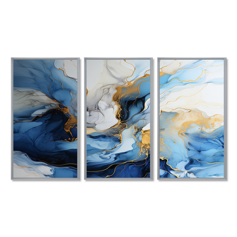 Ocean Sunset Dreams - ensemble de décorations murales vagues, Encadrement argenté, H 40 po x l 60 po x P 1 po