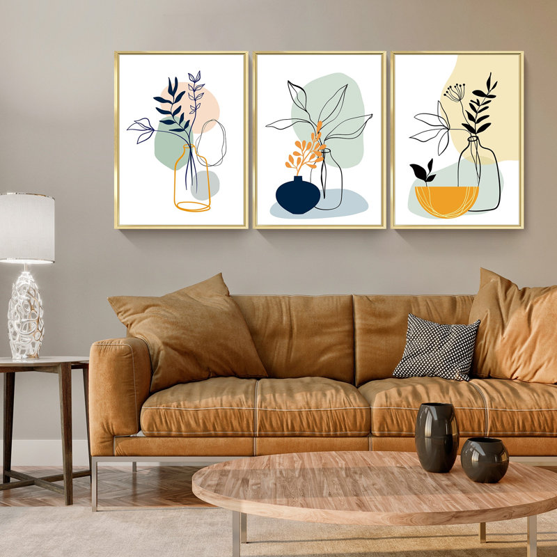 Style bohémien - ensemble de 3 impressions encadrées sur toile, H 16 po x l 36 po x P 1,5 po, Or