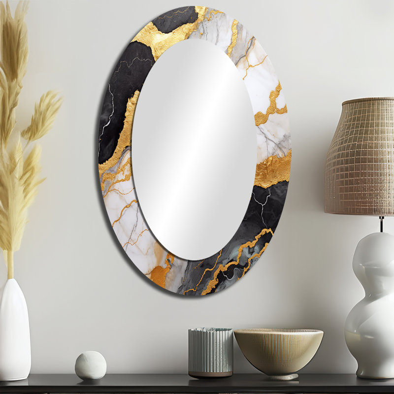 Gold And Grey Abstract Marble Mirage I - Gold Modern Oval Wall Mirror, 36" x 24"