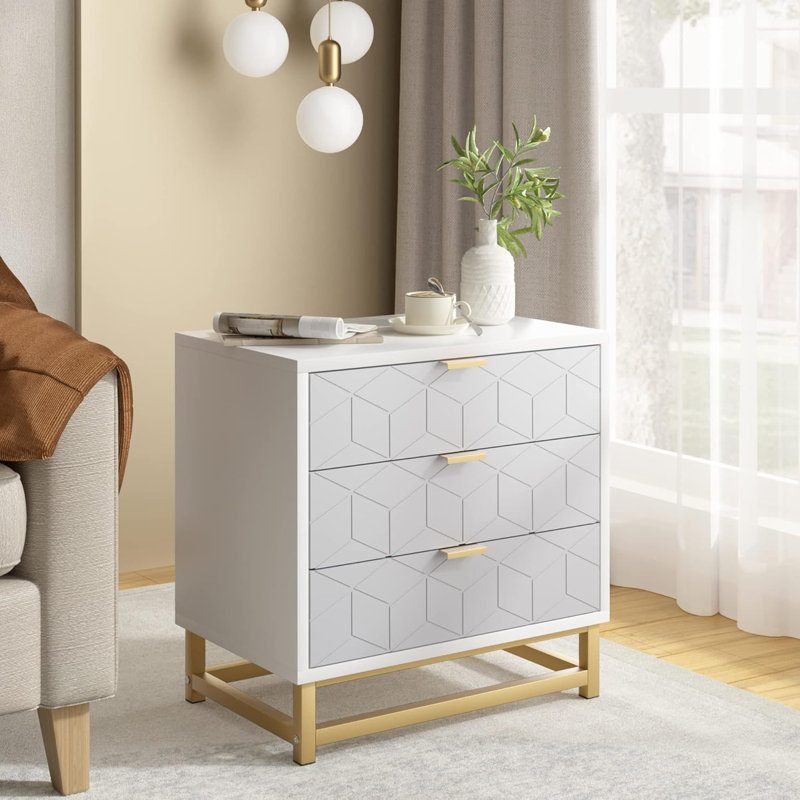 3 Drawer Dresser, Wood Chest Drawers With Storage For Closet, Bedroom, Drawers Dresser Modern Bedside Nightstand With Gold Handles