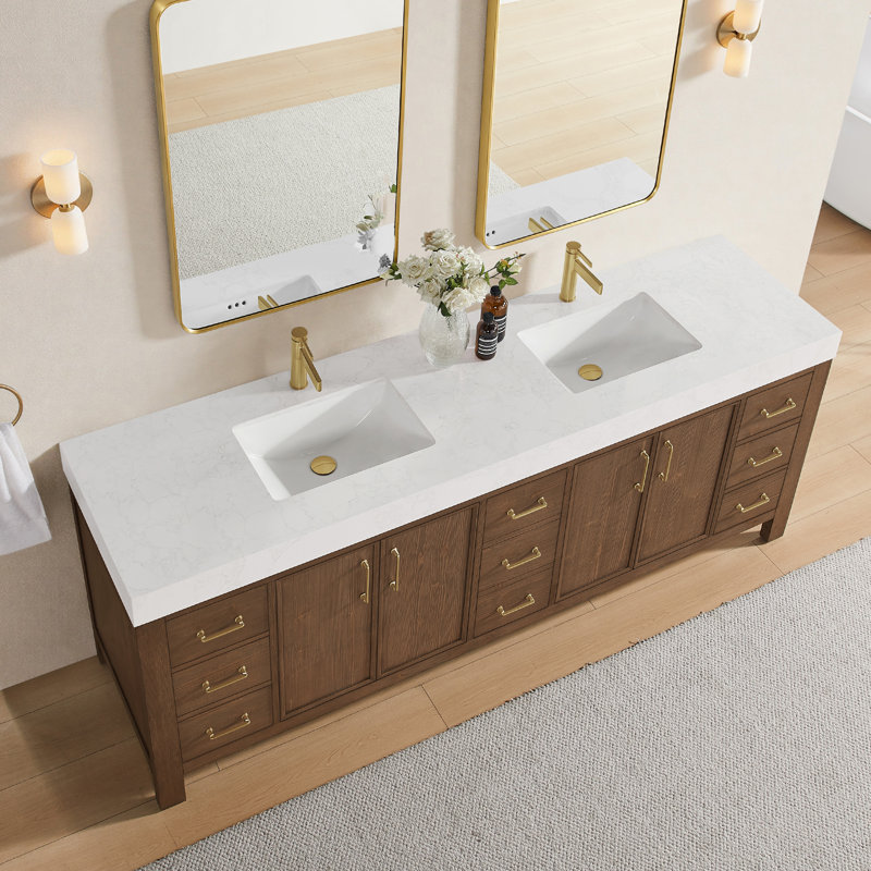 Frederica 84in. Double Bathroom Vanity in Spruce Aged Brown with Composite Stone Top and Mirror, White, Spruce Aged Brown