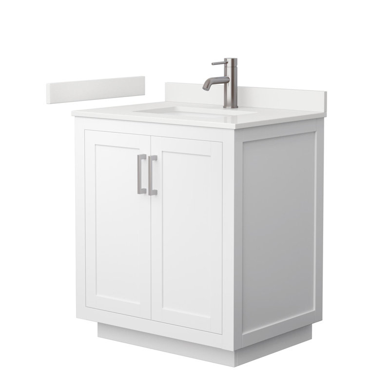 Miranda 30" Freestanding Single Bathroom Vanity with Quartz Top, White Quartz, White, Brushed Nickel