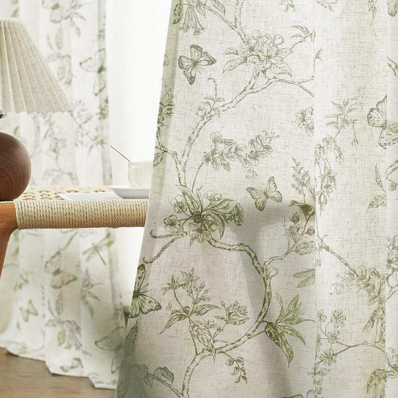 Green Floral Curtains 84 Inch Length Linen Farmhouse Curtain Back Tab Drapes For Living Room Bedroom Light Filtering Vintage Rod Pocket Curtains, 2 Panels, Green On Beige