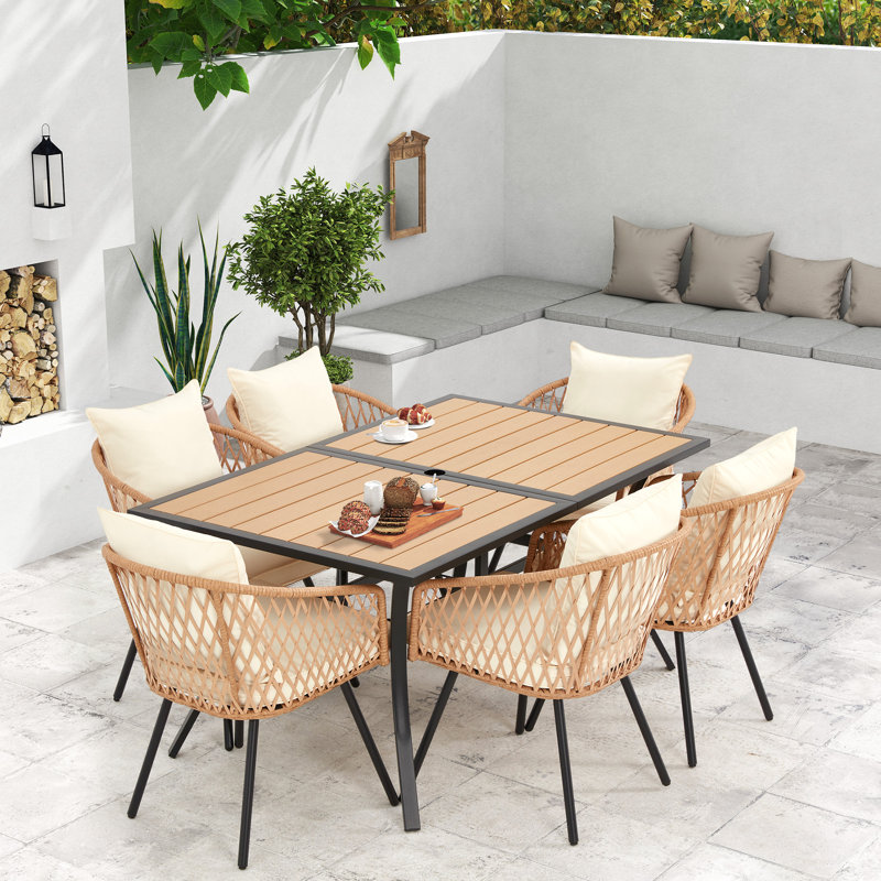 7-Piece Outdoor Dining Set With 6 Rattan Chairs, All-Weather Patio Table & Chairs For Backyard, Garden, Poolside, Beige