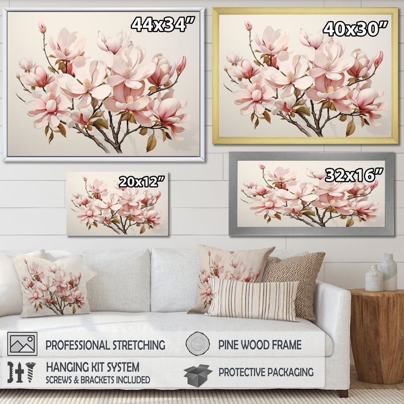 «Magnolias Minimalisme Dream I» sur toile, H 30 po x l 40 po x P 1,5 po, Cadre naturel flottant