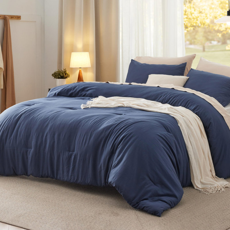 Bedsure Reversible Prewashed Comforter Set, King Comforter + 2 Standard Pillowcases, Navy