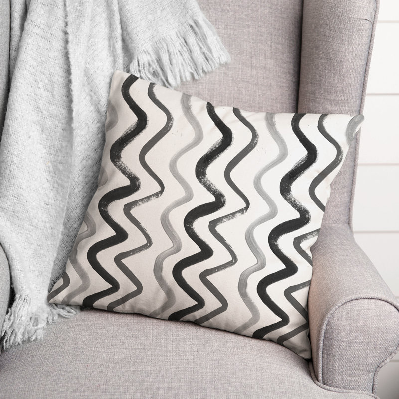 Coussin extérieur bleu et brun Squiggles, H 18 po x l 18 po, Noir / gris