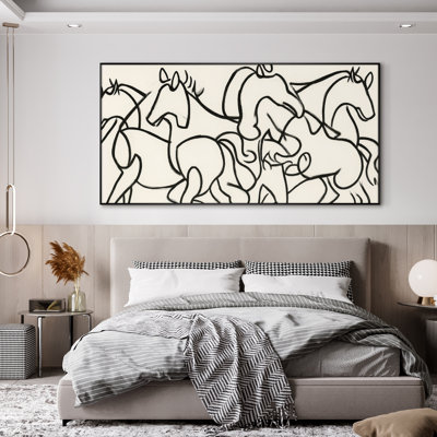 Extra Large Wall Art Fabric Print - Minimalist Line Art Herd of Horses Artwork Decor for Living Room or Bedroom - "Frame Assembly Required (Unfinished Frame)"