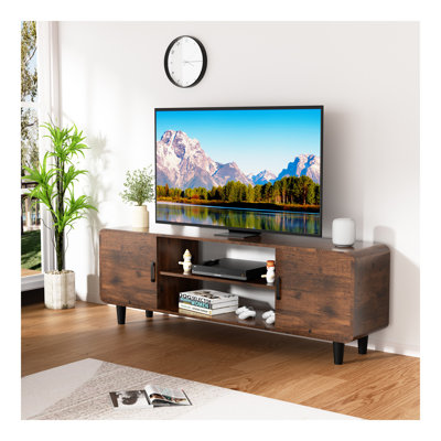 Meuble télé pour téléviseur de 55 po, meuble audio-vidéo avec armoires de rangement, porte à charnière souple avec poignée, console télé média pour le salon, brun rustique