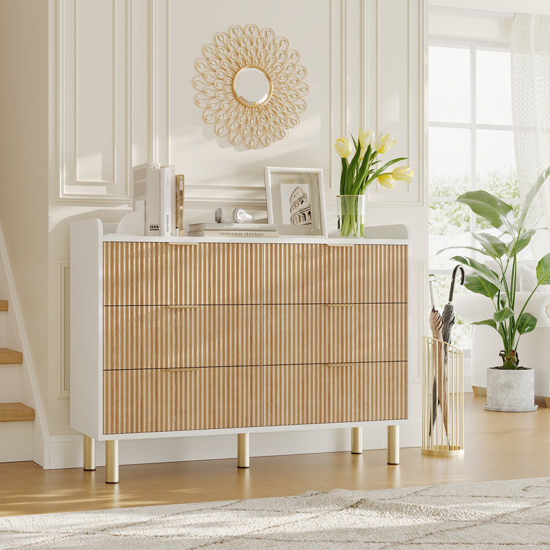 Commode 6 tiroirs en bois cannelé de 47,2 po de largeur avec poignées en métal pour la chambre à coucher