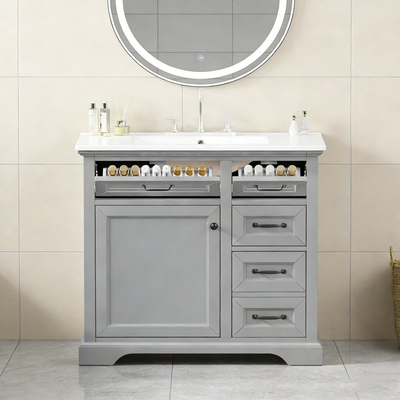 Meuble-lavabo de salle de bain avec lavabo, 2 tiroirs et porte à fermeture en douceur, Gris clair