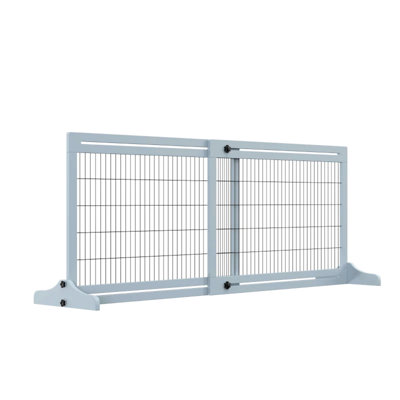 Barrière pour animaux en bois de pin, rétractable et autoportante, de 41 po à 70,9 po de largeur, 27,25 po de hauteur, bleu gris