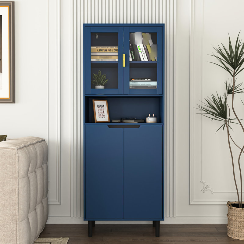 Armoire de rangement peinte en bleu marine - Idéale pour le salon ou la chambre. Meuble haut avec tablettes réglables.