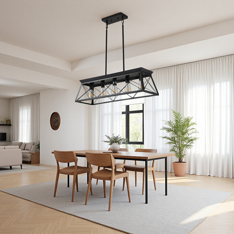 5 - Light Kitchen Island Linear Pendant with Wood Accents, Matte Black