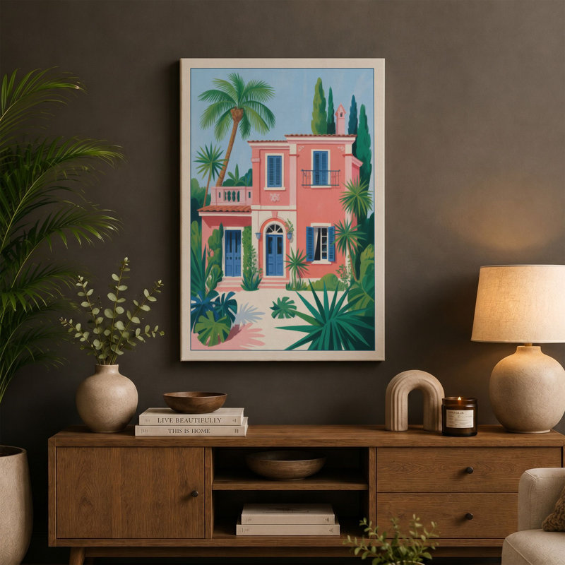 Mediterranean Villa Coastal - Wrapped Canvas, 24x16 - 61.0 x 40.6 cm, Taupe Border