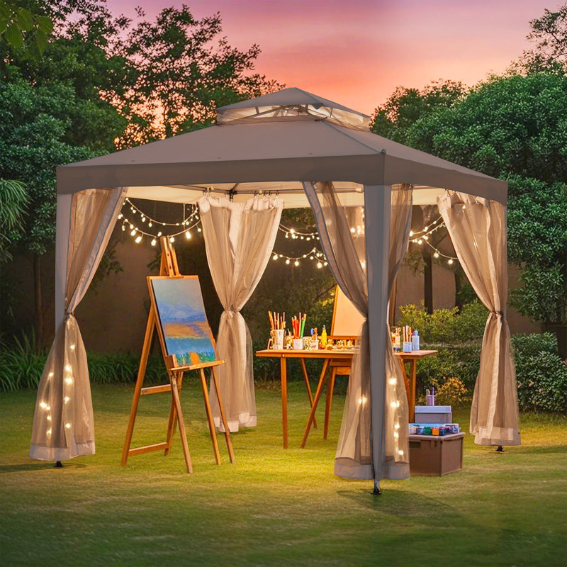 Sunjoy Soft Top Gazebo, Outdoor Patio Backyard Modern 2-Tier Steel Frame Gazebo with Mesh Netting , Grey/Khaki, 8 ft. x 8 ft.