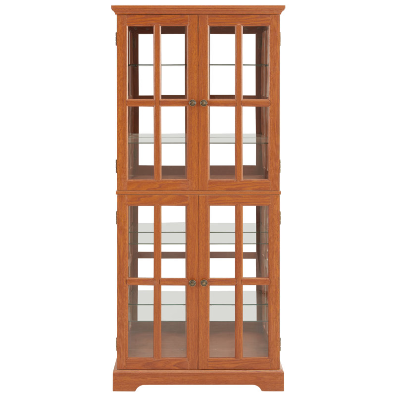 American Design, Dark Oak Glass Showcase, Adjustable Shelves, Doors, E26 Bulb, Textile Display Curio With Four - Door And Bulb For Showcasing Valuables