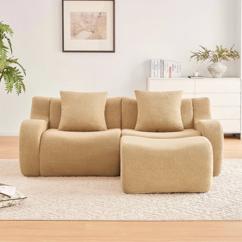 Canapé en forme de L 2 pièces en tissu Teddy, Chameau