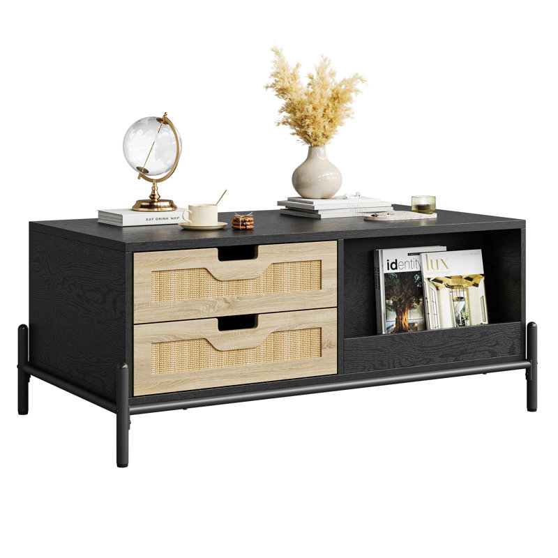 Table basse en rotin avec éclairage DEL, table centrale moderne avec tiroirs de rangement