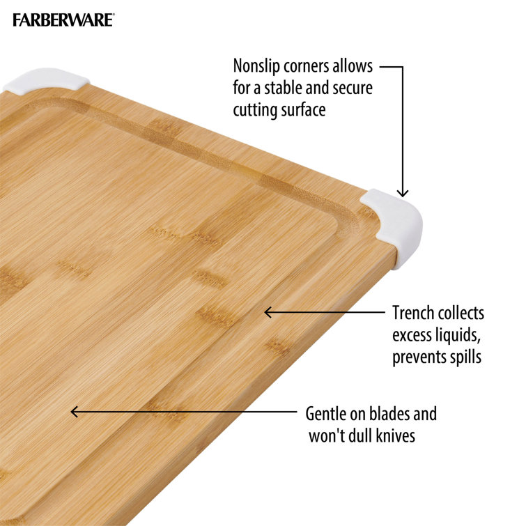 Farberware Nonslip Bamboo Cutting Board with Juice Groove, 11x14 Inch, White