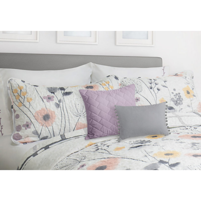 Ensemble de courtepointe réversible en microfibre rose / gris , Courtepointe très grand + 2 taies décoratives