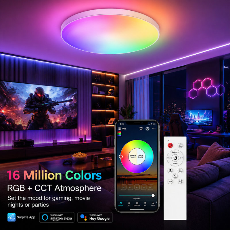 Plafonnier DEL encastré intelligent RGB+CCT 48 W, compatible WiFi et Bluetooth, à intensité variable, avec télécommande et commande vocale, température de couleur 2700-6500 K, synchronisation musicale et minuterie.