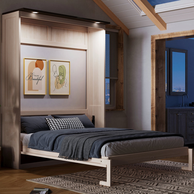 Queen Size Murphy Bed With LED, Beige