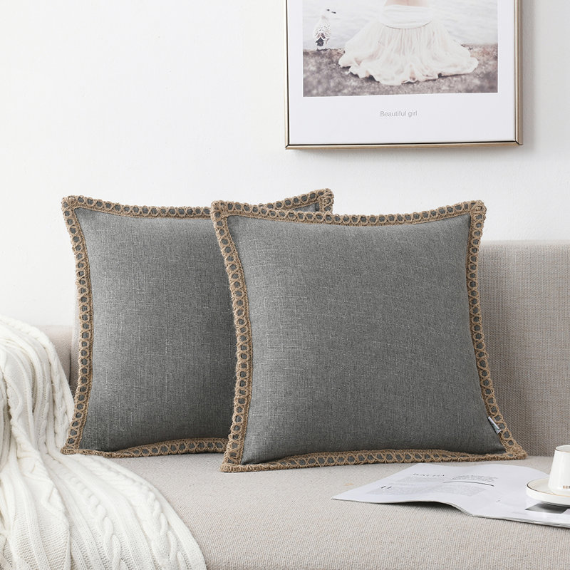 Housse de coussin en lin et polyester Farmhouse, H 18 po x l 18 po, Gris, Carrée