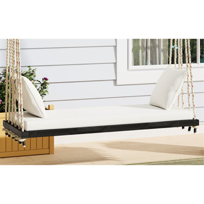 Backyard Swing Chair Crafted From Wood, 63Lx23.6W Seat, Soft Cushion, 2 Pillows, 6 Hemp Ropes Each 10.8Ft, 400Lbs Capacity Wood Lawn Chair, Measuring 5 Color Choices