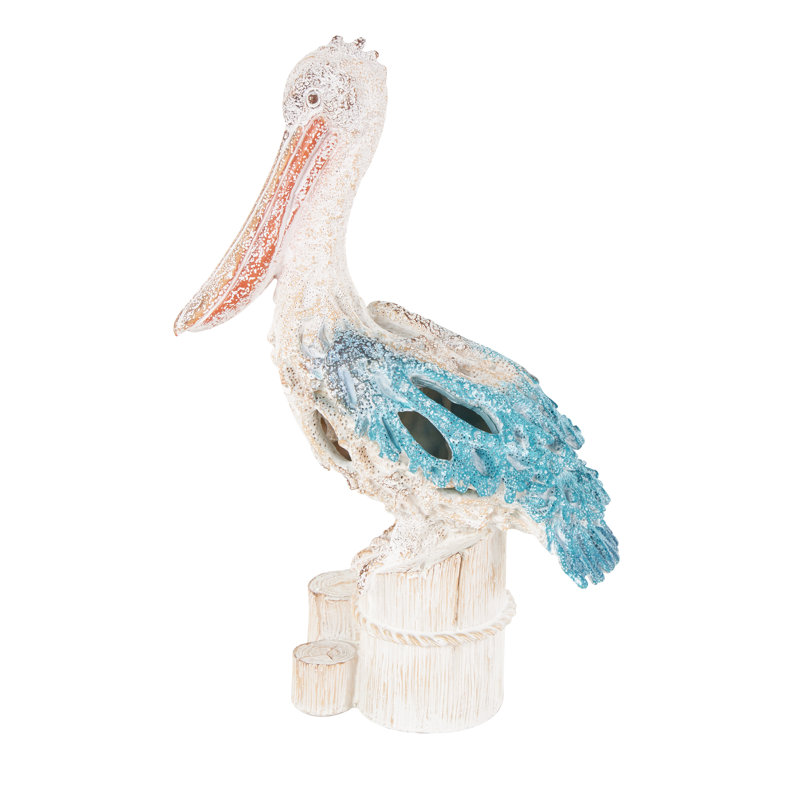 Cole And Grey Polystone Textured Pelican Decorative Sculpture With Feathers And Round Blocks, Blue