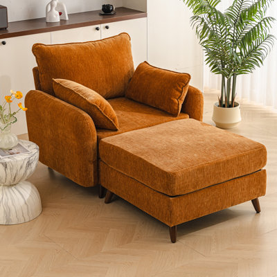 Fauteuil d'appoint surdimensionné de 42,5 po avec repose-pieds Rexulqo, rangement pour tous les sièges, grand fauteuil en chenille, siège profond de 24,5 po, 2 coussins décoratifs, fauteuil de lecture, fauteuil de salon, chambre à coucher, bureau, jaune