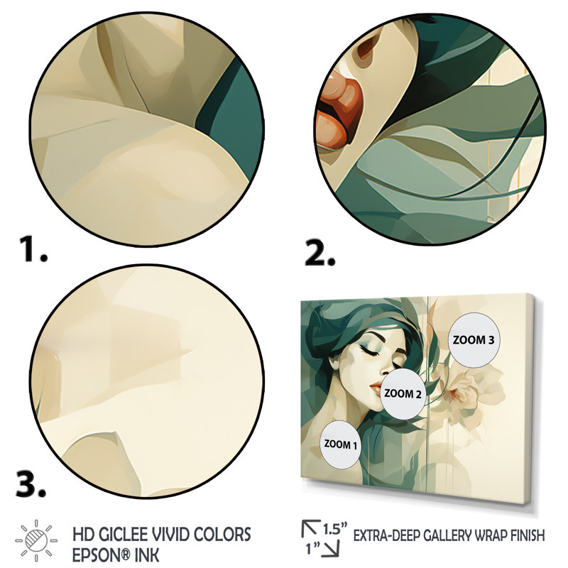 Silhouette de femme verte et beige I - art mural mode, Cadre flottant noir, H 12 po x l 20 po x P 1 po