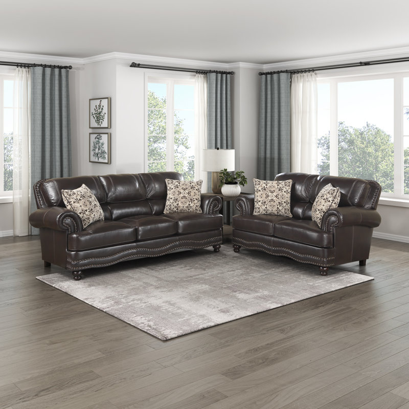 Daishun Traditional Breathable Faux Leather 2-Piece Living Room Set with Classic Roll Arms, Nailhead Trim & 4 Decorative Pillows