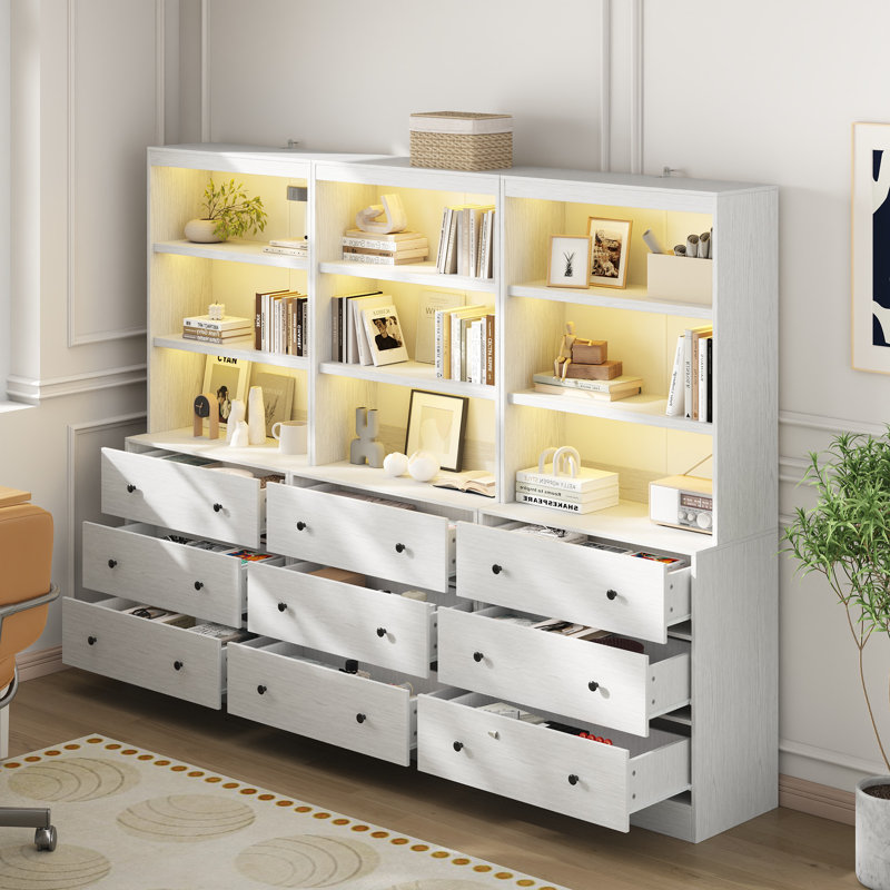 71"H X 70.8"W Book Cabinet Storage Bookcase with USB & Type-C Charging Ports and LED Lights (3A), White