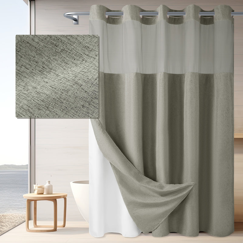 Rideau de douche en lin sans crochet avec doublure Snap-In, Gris