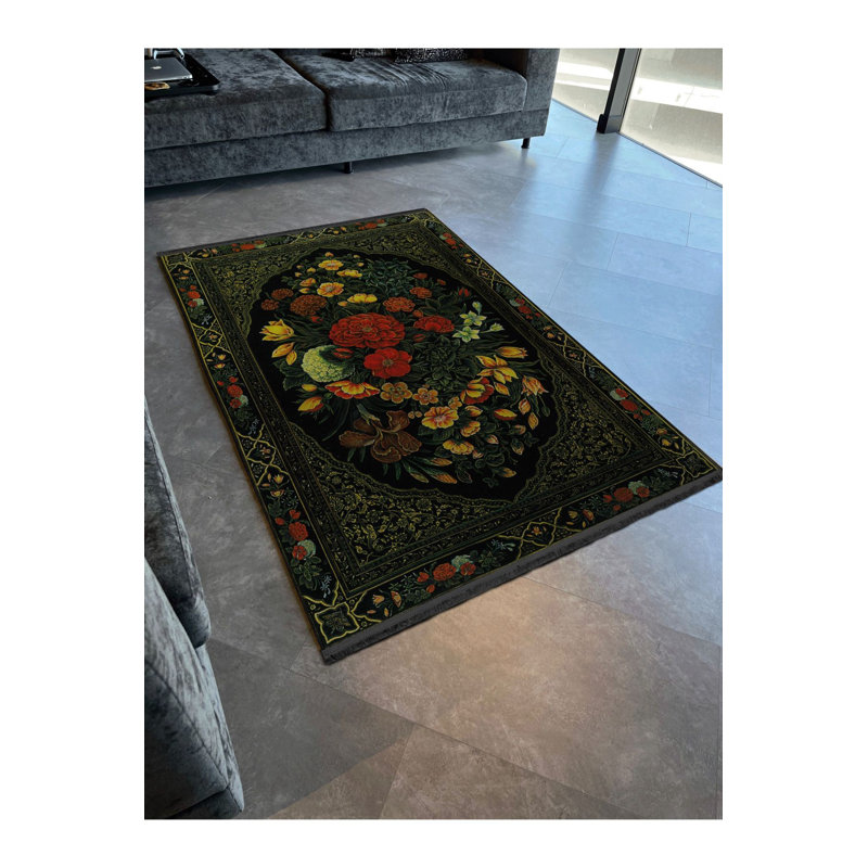 Tapis décoratif à motif floral vert à motif floral frangé, Tapis de couloir 3 pi 3 po x 6 pi 7 po inclus
