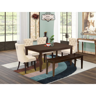 Ensemble de 6 pièces B44A850BD03C417B870157E5B899195F comprenant une table de salle à manger rectangulaire et 4 chaises rembourrées avec un banc, acajou