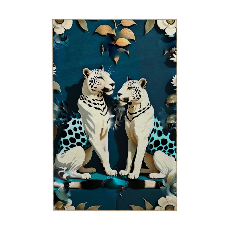 Tapis décoratif moderne bleu à motif de tigre blanc lavable à la machine, Rectangle 3 pi 3 po x 4 pi 11 po