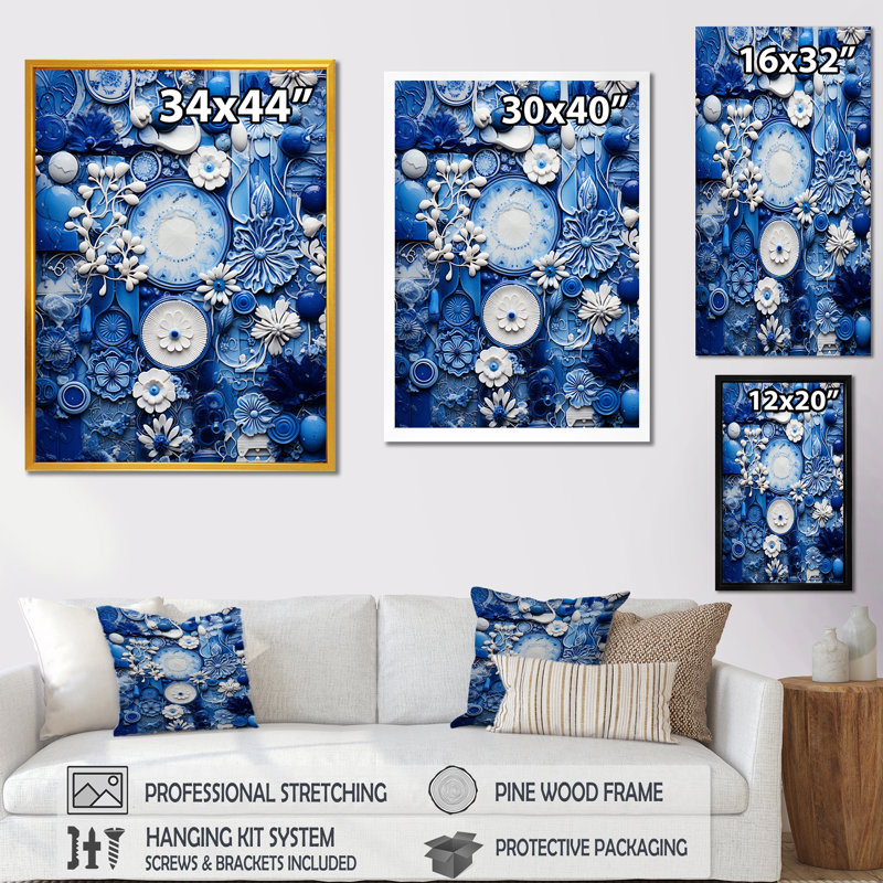 «Blue and White Botanical Tiles III» - art mural botanique, Cadre doré simple, H 32 po x l 16 po x P 1 po