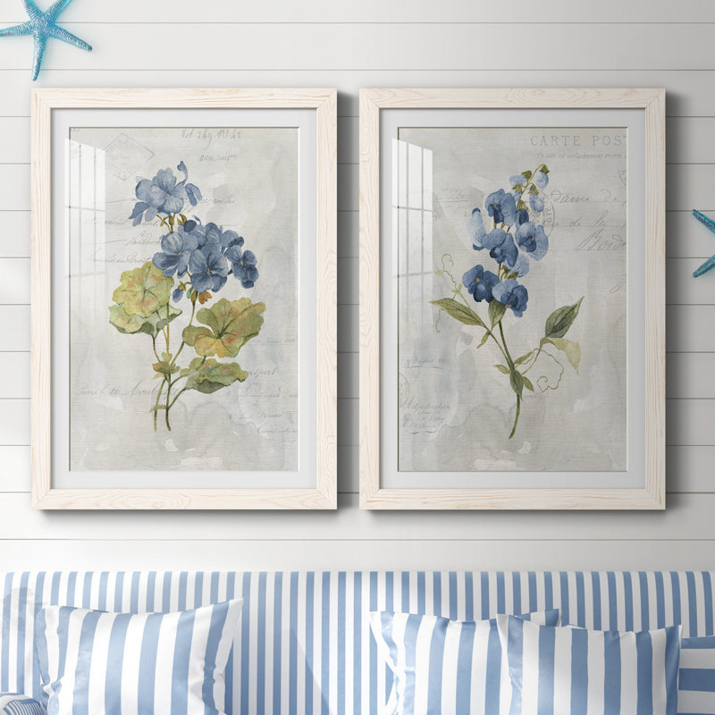 Lin bleu géranium - ensemble de 2 reproductions d'art, Impression encadrée avec passe-partout, H 31,5 po x l 47 po, Blanc