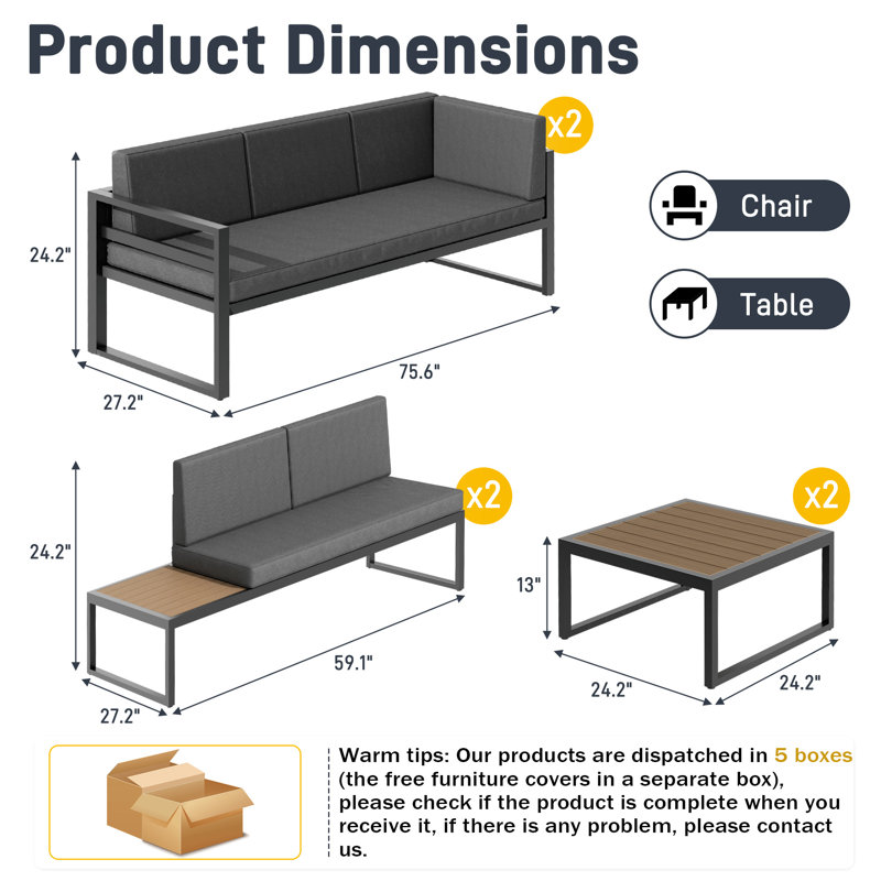  Ensemble de conversation 6 pièces pour canapé modulaire en aluminium, Non, Gris, Oui
