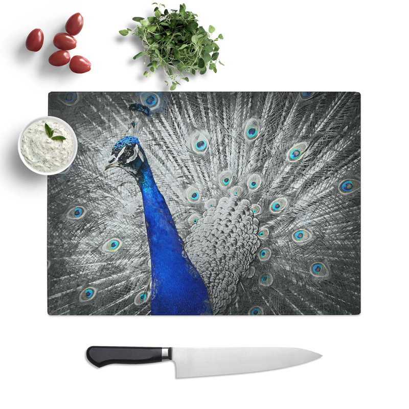 Tempered Glass Peacock with Its Feathers Spread Chopping Board, 28.5 cm W x 20 cm L