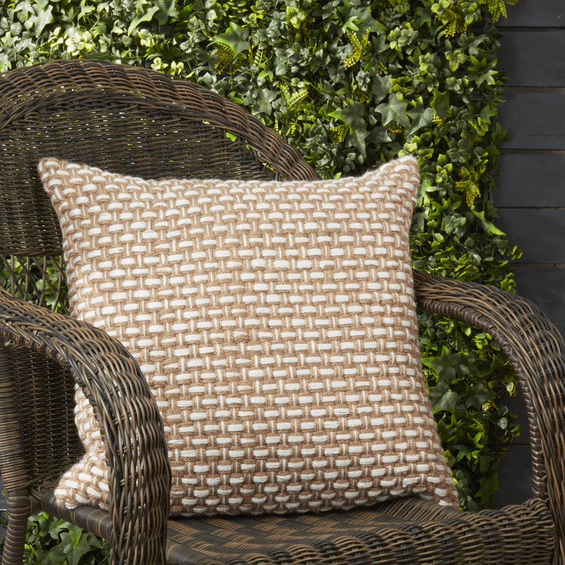 20" Beige Jute Blend Geometric Outdoor Throw Pillow