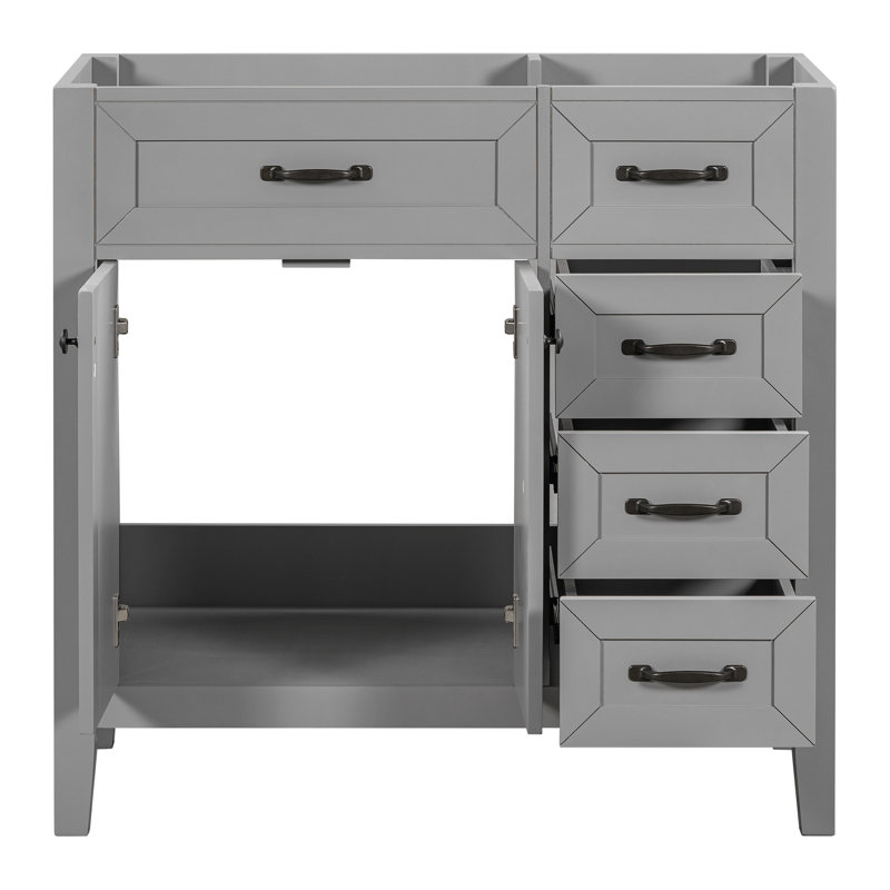 Base de meuble-lavabo gris 36 po. Armoire moderne avec tiroirs. Bois d'hévéa massif et planche. Autoportant. Base à assembler requise - Chariot de style tiroir autoportant