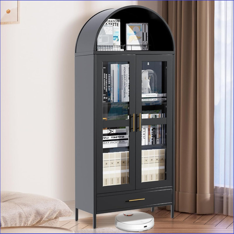 73" Arched Metal Storage Cabinet, Kitchen Pantry Cabinet With Glass Door, 2 Adjustable Shelves & Drawers,Modern Farmhouse Display Bookshelf ,Freestanding Display Cupboard For Living/Dinning Room, Black