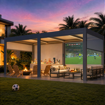 20 ft. W x 10 ft. D Outdoor Louvered Pergola with Auto-Adjustable Side Screen, Rainproof Roof, Thickened Aluminum Frame, and Remote-Controlled Light String for Deck, Patio & Hot Tub