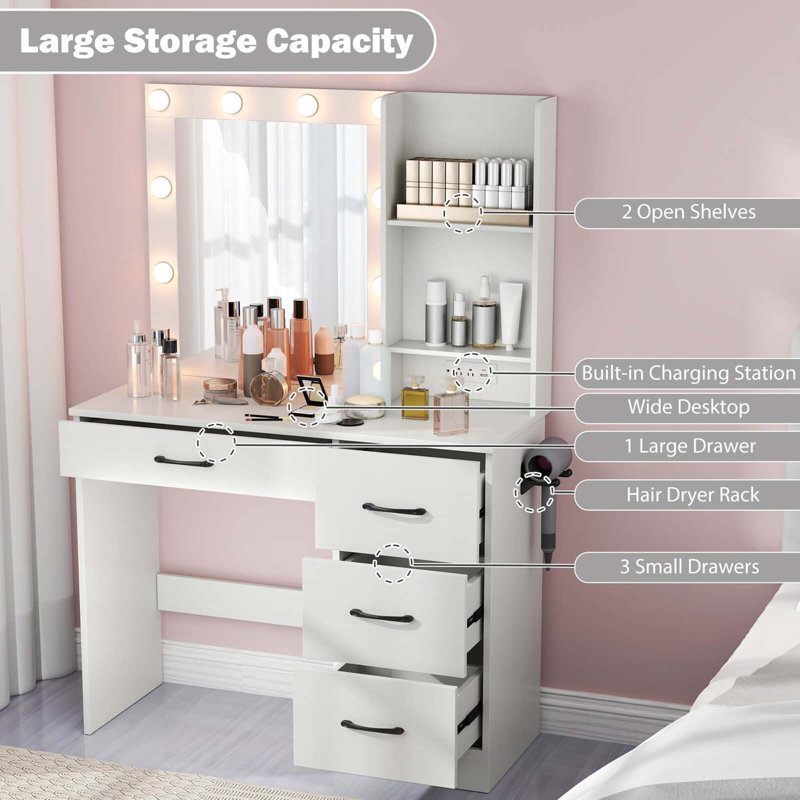 Makeup Vanity Desk With Mirror And Lights Charging Station 3-color Led Lights, White