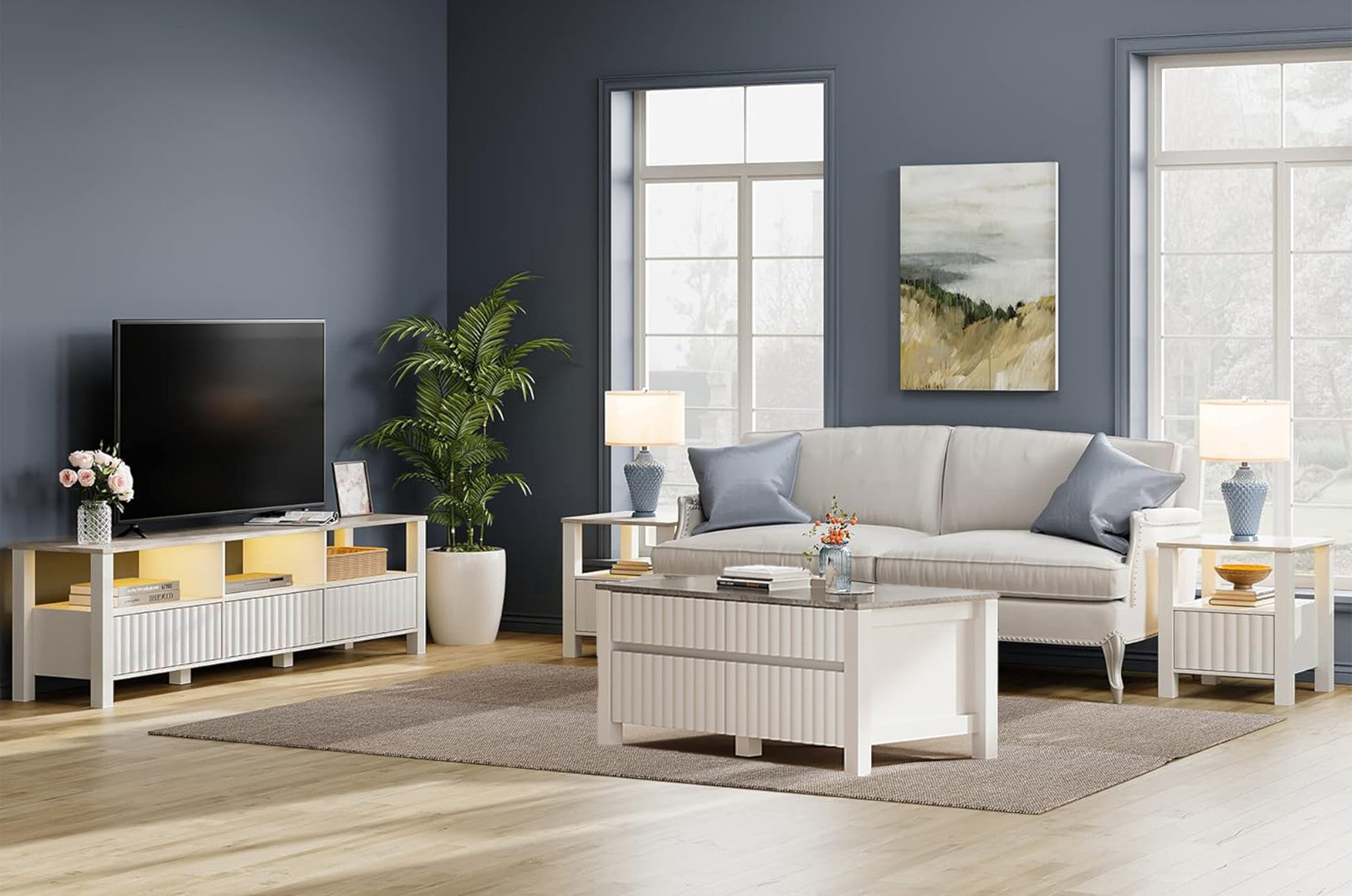 Wade Logan?? Living Room Table Set Of 4, 70inch Tv Stand, 1 Large Coffee Table With Drawers, 2 ...