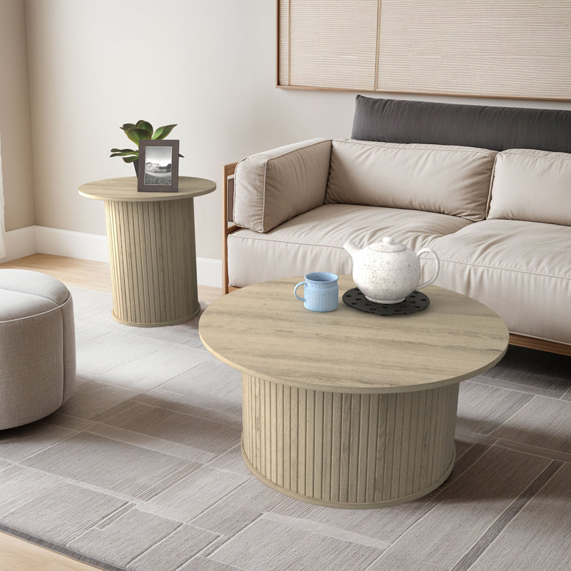 Aurel Fluted 2 Piece Living Room Round Coffee Table & End Table (Set), Beige